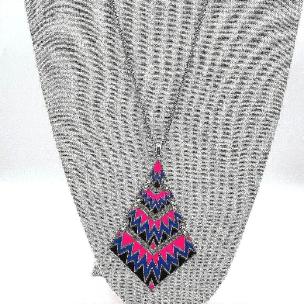 Vintage 80s Pop Art Geometric Statement Necklace Pink Blue Black Enamel Jewelry